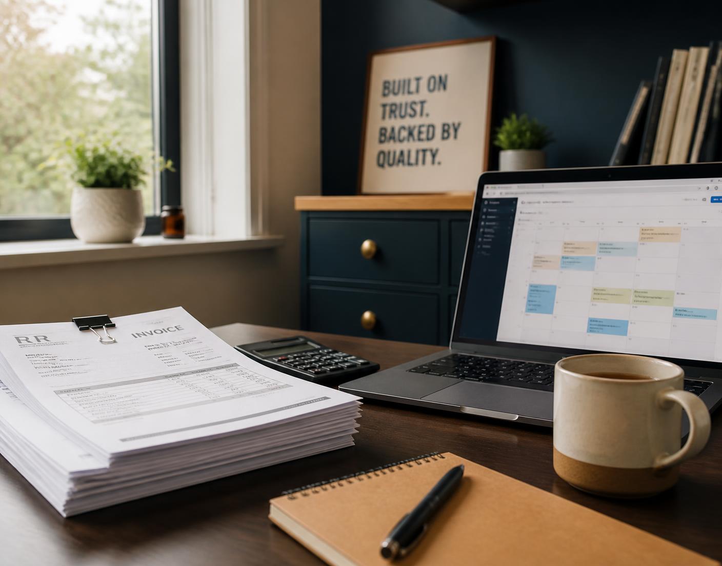A tidy desk with invoices filed, a scheduling calendar on a laptop and a cup of tea